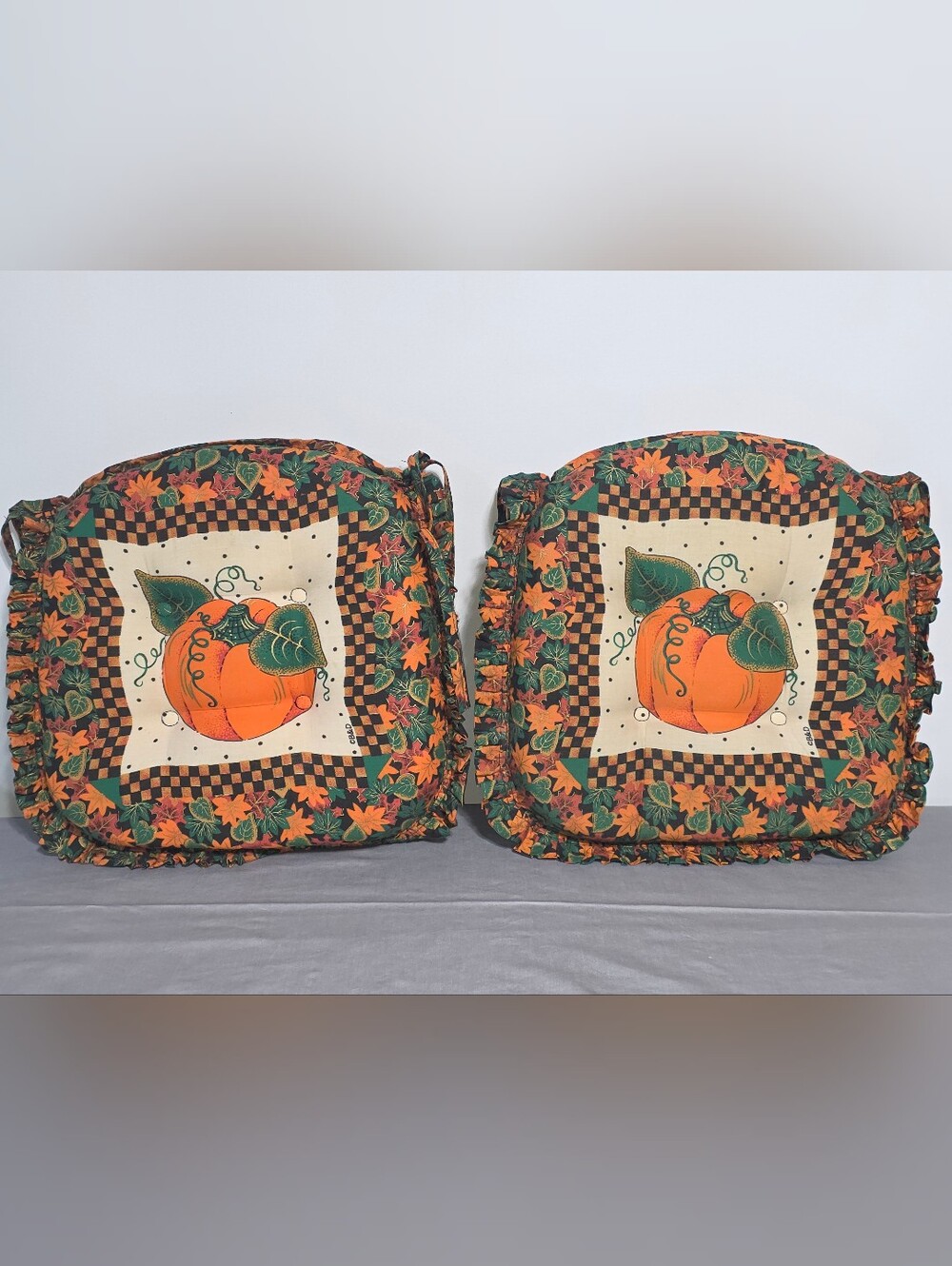 Vintage B&D Fall Pumpkin Chair Cushions Set of 2 Ruffled Tie-On Seat Pads